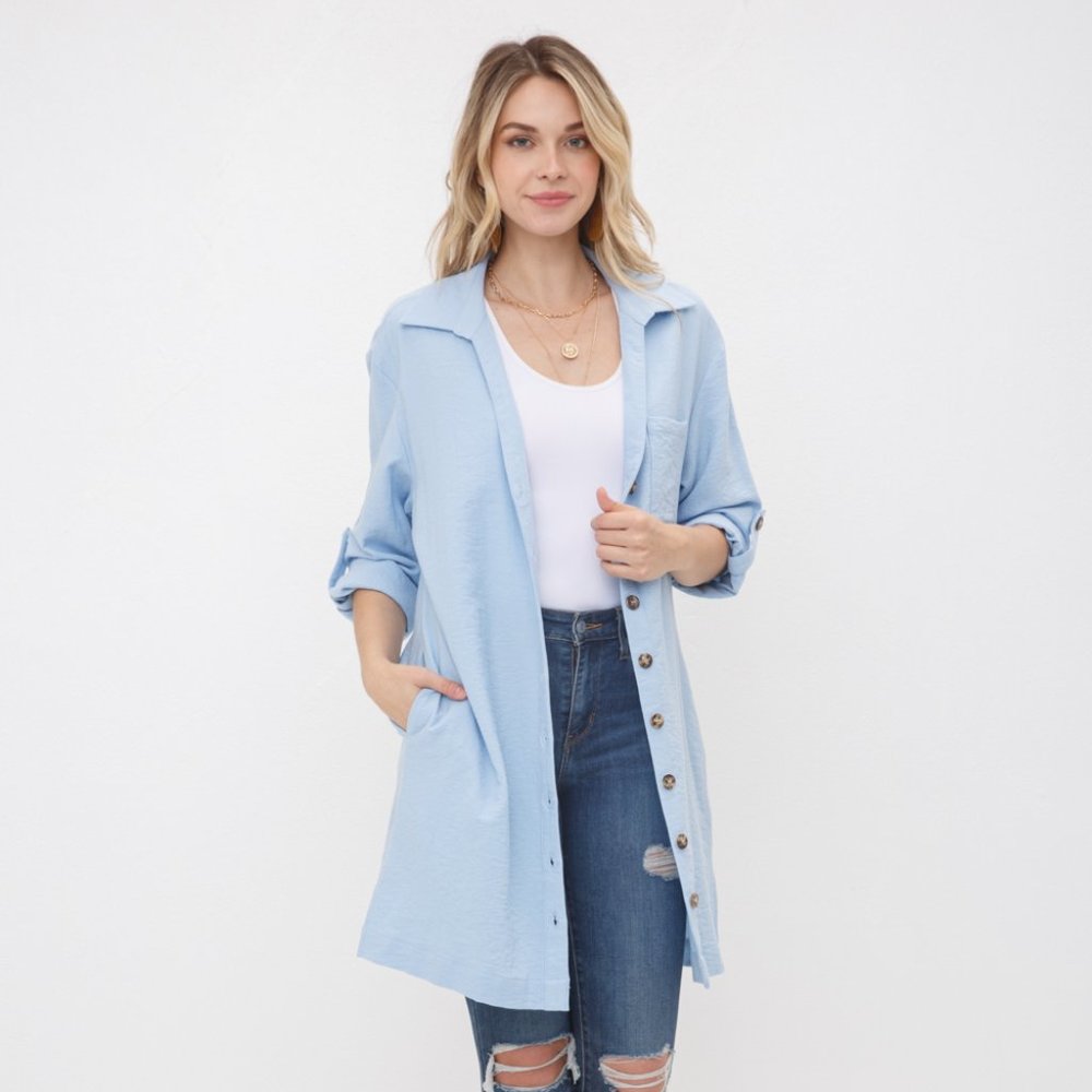 Light Corduroy Button Down Long Sleeve Shacket Dress